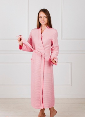 Женский вафельный халат с планкой (Светло-розовый)