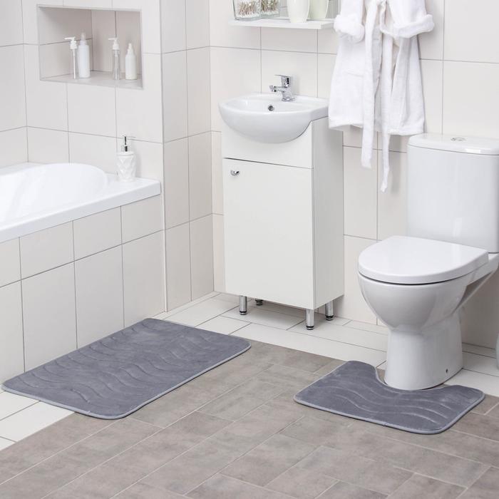 Набор ковриков для ванны и туалета Доляна «Волна», 2 шт: 40×50, 50×80 см, цвет серый